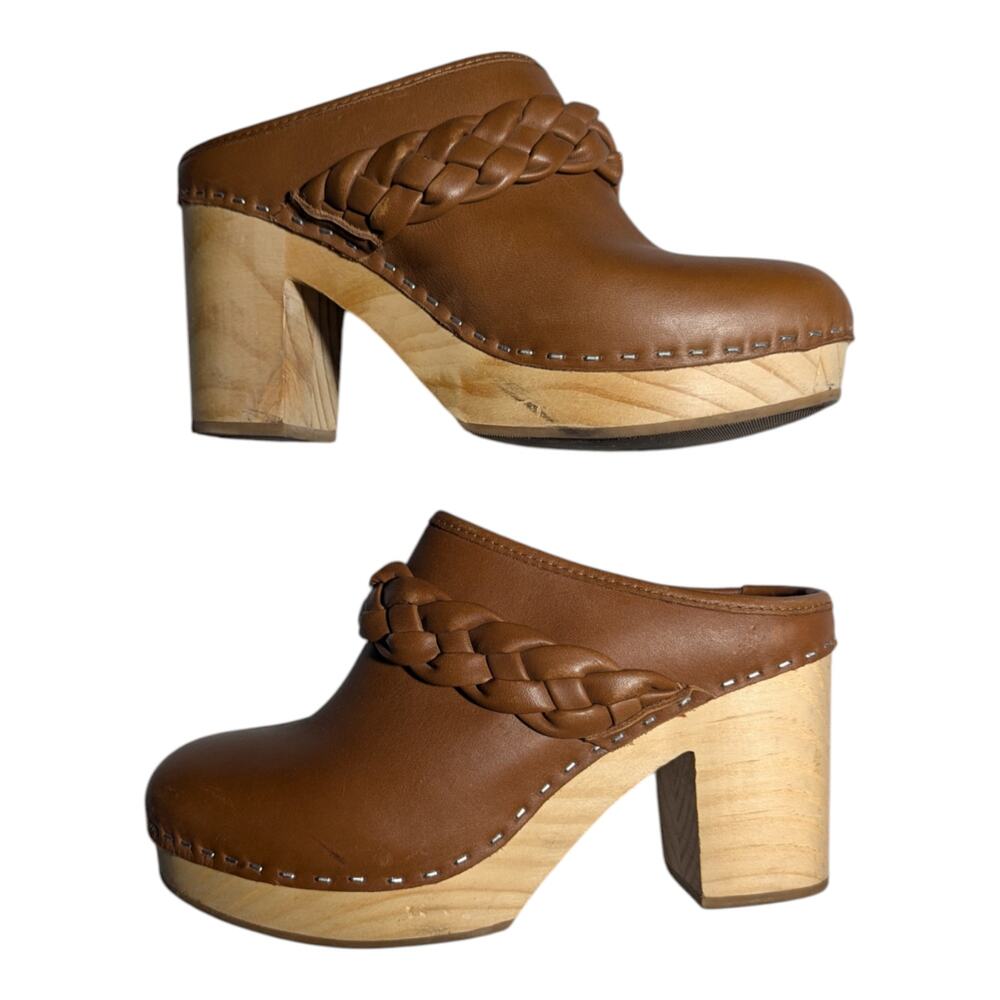 Dolce Vita Hila Cognac Brown Leather Braided Band Wooden Heel Boho Clogs Sz 8.5